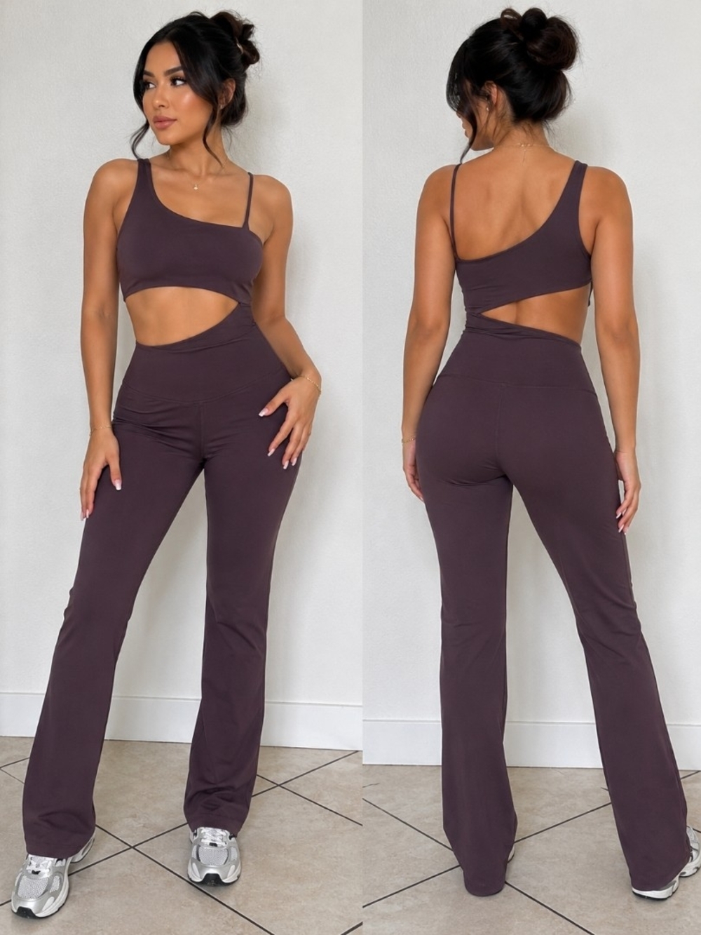 Asymmetric Cutout One-Shoulder Jumpsuit in Dark Brown